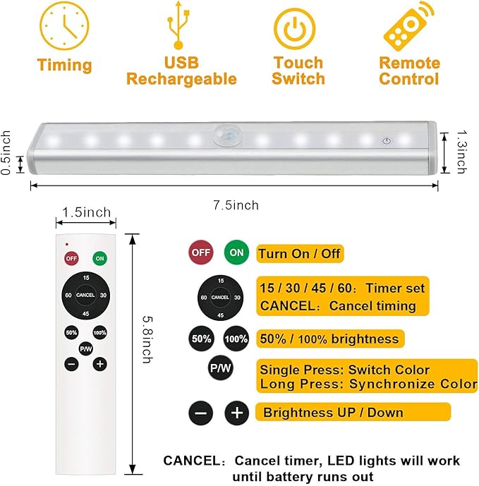 Remote Control Under Cabinet Lighting Wireless 6 Pack, 20-LED Dimmable Closet Lights Rechargeable Under Counter Light, Stick on Touch Night Light Strip Bar for Kitchen Stairway Bedroom, 3 Colors