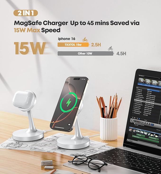 TXXTOL Magnetic Wireless Charger iPhone Stand, 15W Fast Mag-Safe Charger iPhone 17/17 Air/17 Pro/17 Pro Max 16/15/14/13/12 Series Magnet Wireless Charging Station/Pad/AirPods for Home, Office, Travel