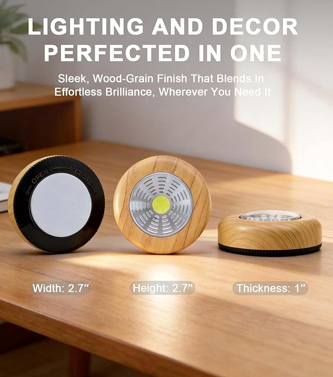 Wood Grain LED Puck Light, 6 Pack Wireless Tap Light Battery Operated, 6000K Daylight White Push Light for Under Cabinet, Closet, Wardrobe, Shelf