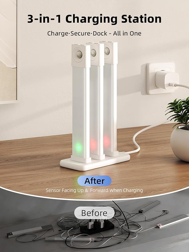 EZVALO 6 Pack Under Cabinet Lights with Charging Station, 8 inch Motion Sensor Light Indoor, 1100mAh Rechargeable Wireless, 3 Color Temperatures, Dimmable LED Closet Lights for Pantry, Hallway, Stair