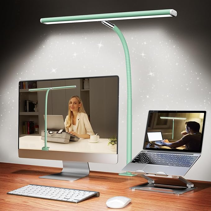 Airlonv LED Desk Lamp for Office Home, Eye-Caring Desk Light with Stepless Dimming Adjustable Flexible Gooseneck, 10W USB Adapter Desk Lamp with Clamp for Reading, Study, Workbench (Mint Green)