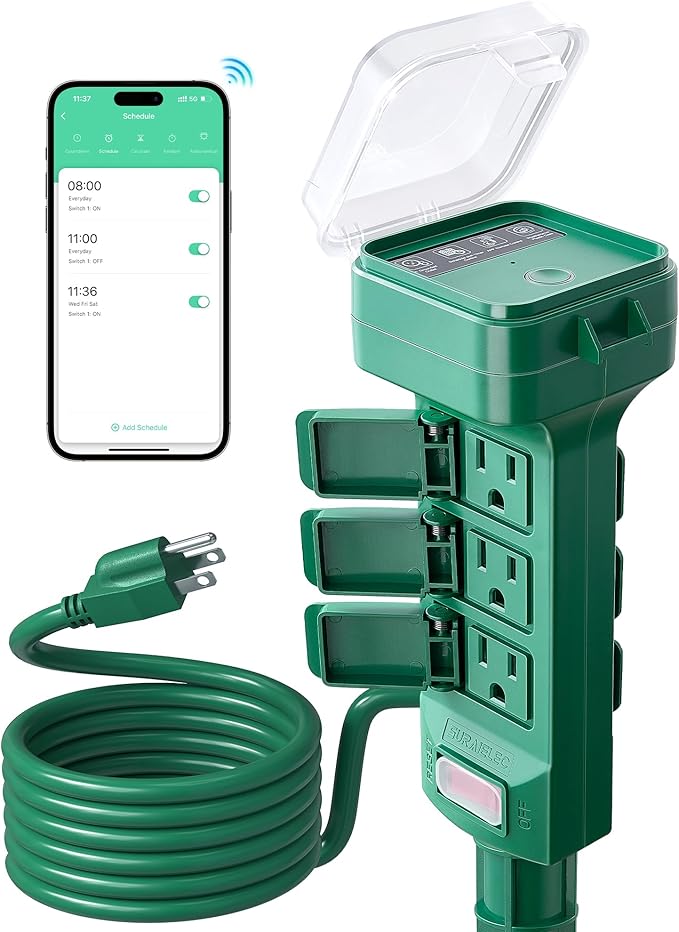 SURAIELEC Outdoor Power Stake, Smart WiFi Light Timer with 6 Electrical Outlets, 6FT Power Strip, Weatherproof for Patio, Outdoor Lights, Christmas Decoration, Compatible with Alexa/Google Assistant