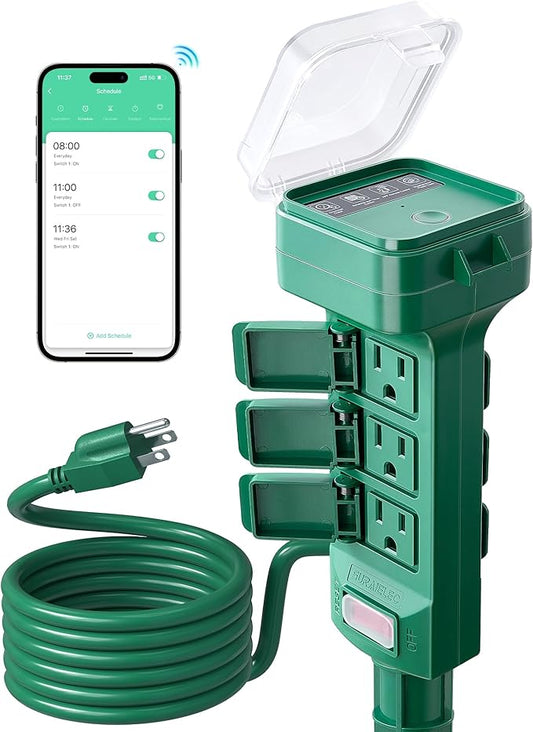 SURAIELEC Outdoor Power Stake, Smart WiFi Light Timer with 6 Electrical Outlets, 6FT Power Strip, Weatherproof for Patio, Outdoor Lights, Christmas Decoration, Compatible with Alexa/Google Assistant