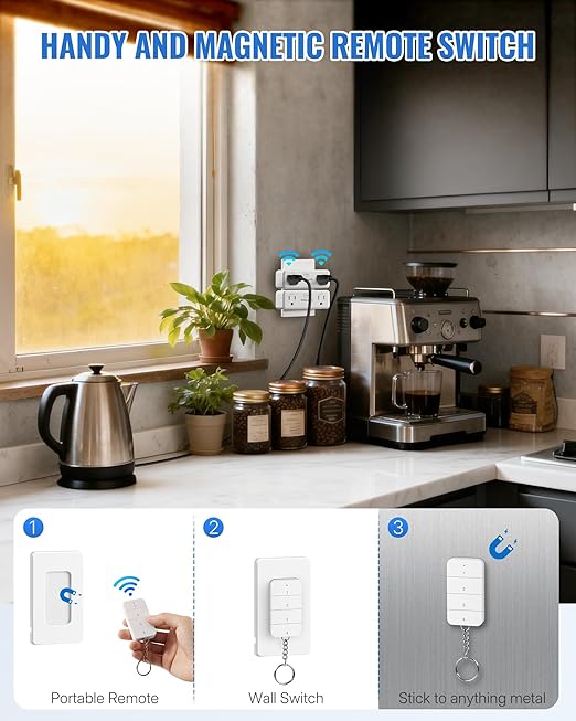 Remote Control Outlet with 4 Independent Control Sockets, WILAWELS Wireless Light Switch, Expandable Remote Outlet Switch forChristmas Tree Lights, String Lights, 15A/1875W/125V, FCC Listed