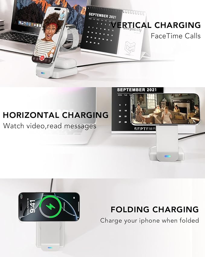 3 in 1 Wireless Charging Station Compatible with Apple,Foldable Magnetic Wireless Charger for iPhone 17/16/15/14/13/12,Apple Watch Series 11/Ultra 3/SE 3/10/9/8/7/6/5/4,Air-Pods Pro 3/4/3/Pro/2(White)