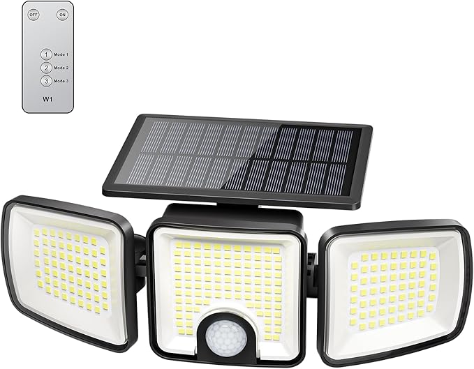 Brightown 4 Pack Solar Outdoor Lights, 2500LM 223 LED Solar Flood Outdoor Lights with Motion Sensor 3 Modes, 3 Head 270° Wide Angle Street Area IP65 Waterproof Security Wall Lights with Remote