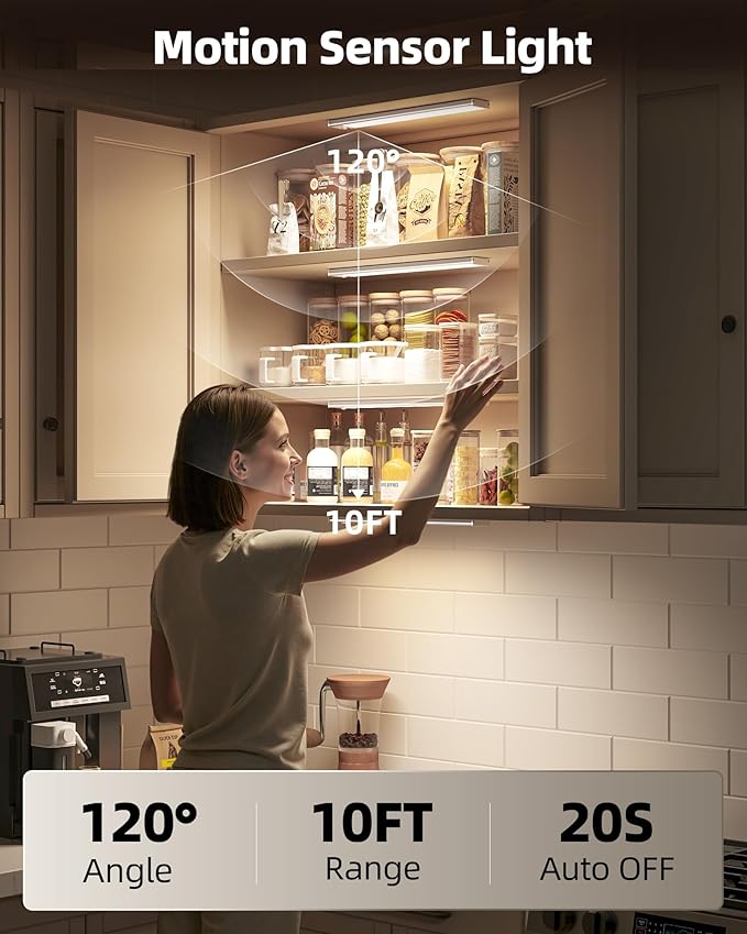 2Pack 12inch Under Cabinet Lighting, Rechargeable Motion Sensor Light Wireless Indoor, Dimmable 3 Color Temps Closet Lights with IR Remote, Under Counter LED Lights for Kitchen, Stairs