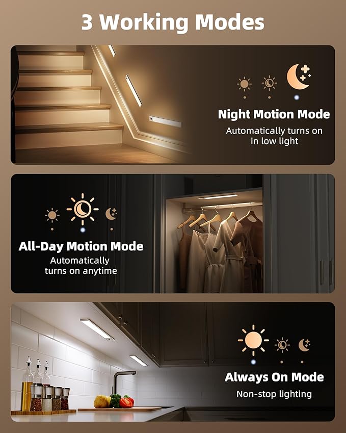 EZVALO 12-inch Under Cabinet Lighting, 3200mAh Rechargeable Motion Sensor Light Indoor, with Dimmable & 3 Color Temps, Magnetic Closet Lights, Wireless Under Counter Lights for Kitchen, Stairs(4-Pack)