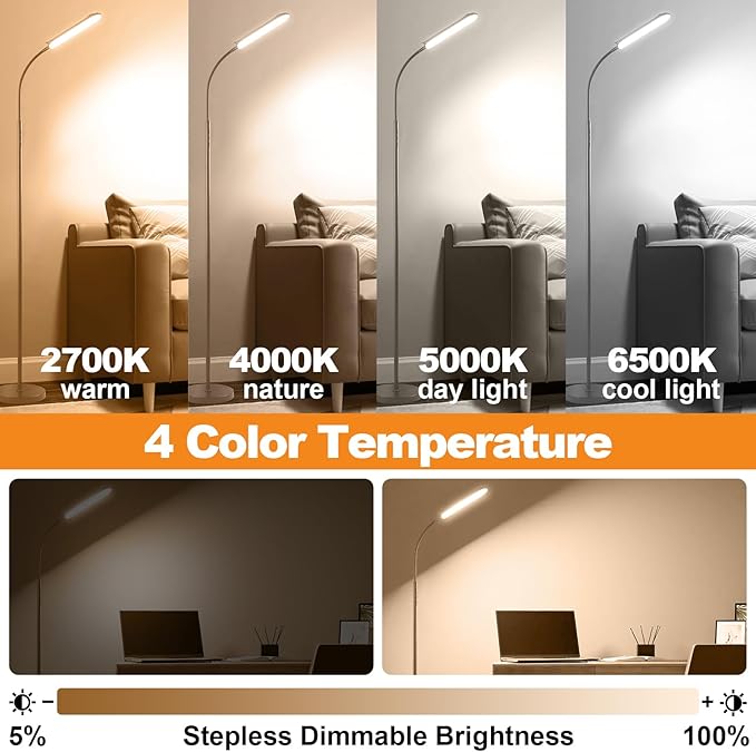 marctronic Grey LED Floor Lamp, 18W 1800LM Bright Floor Lamps with Remote & Works with Smart Plug, Dimmable Timing Eye Caring Reading Light Modern Standing Floor Lamp for Living Room Bedroom Office