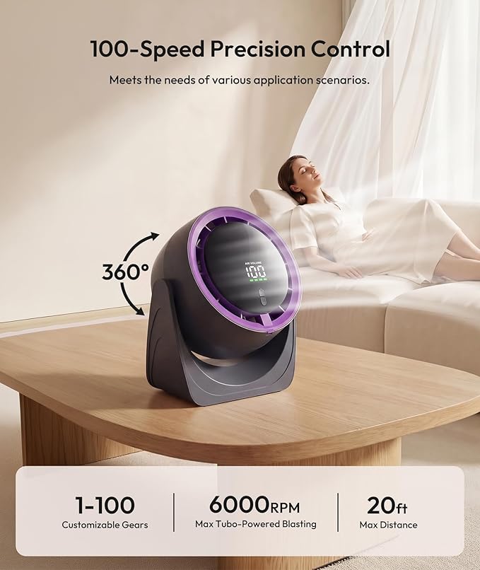 Sponvatt Rechargeable USB Desk Fan for Bedroom, Quiet Table Fan With Turbo Airflow, 100 Speeds,LED Digital Display, 360° Rotating, Small Personal Cooling Fans for Bedroom Home Office Dorm (Purple)