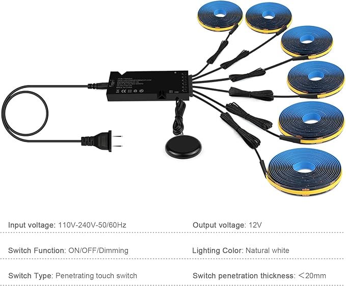 Touch Dimmable LED Under Cabinet Lighting,6PCS 12V Black COB Strip Lights,3.3Ft Self-Adhesive LED Recessed Lighting Kit 4000k with 36W Adapter for Wood Slat Wall Panels, Headboards, Cabinet,Shelves