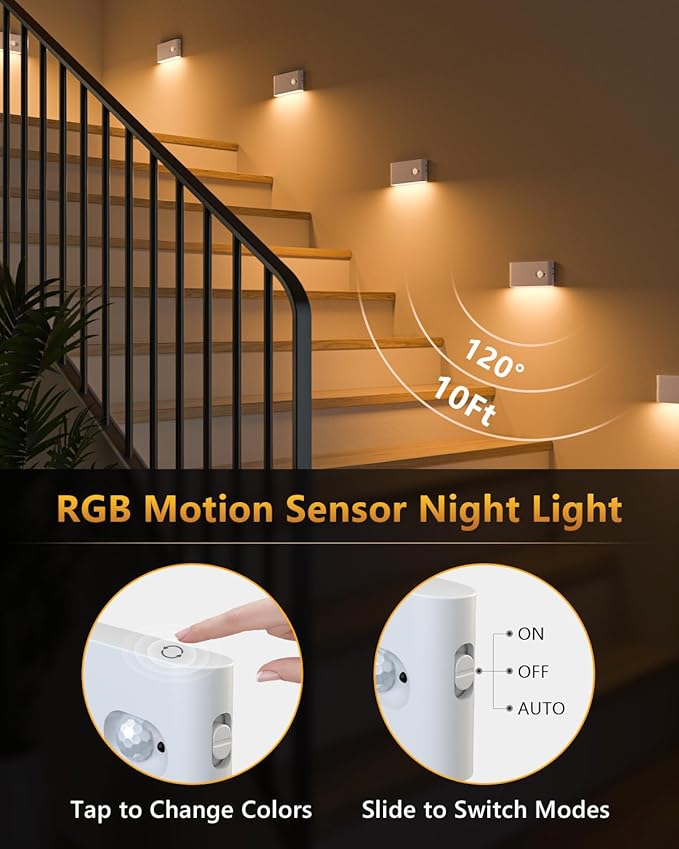 WILLED Motion Sensor Night Light, RGB & Warm White Stair Lights Indoor, Rechargeable Color Changing Night Light, Wireless Motion Sensor Light Indoor for Stair,Hallway,Bathroom,Cabinet,Kitchen,10 Pack