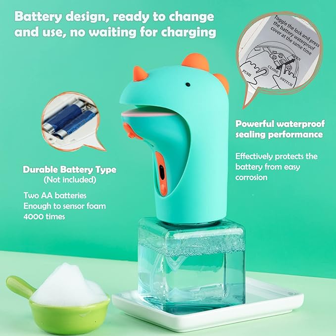 Seawah Automatic Soap Dispenser for Kids,IPX6 Waterproof Cute Dinosaur Foam Smart Hand Foaming Touchless Soap Dispenser for Bathroom Countertop, 8.7oz/250ML