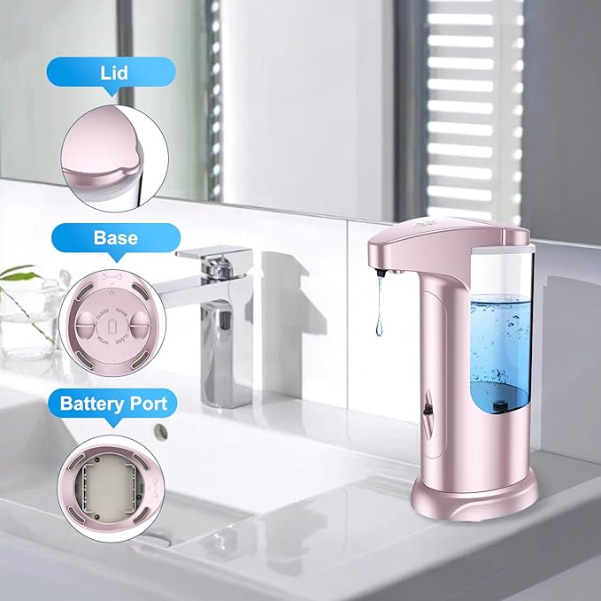 AMIR 12.5oz Touchless Automatic Soap Dispenser, Battery Operated Automatic Liquid Hand Soap Dispenser, Adjustable Volume, Water-Resistant for Kitchen and Bathroom,Pink