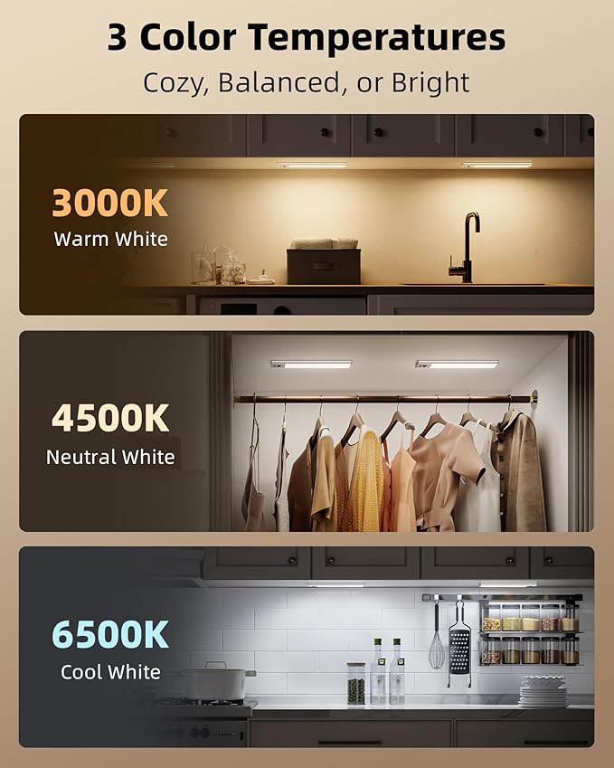 EZVALO 3-Pack Under Cabinet Lighting, 2400mAh Rechargeable Motion Sensor Light, 10inch Magnetic Closet Lights with Dimmable & 3 Color Temps, Wireless Motion Activated Lights with Remote for Kitchen