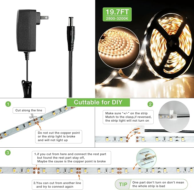 RAYZEEK Wireless Motion Activated LED Strip Lights,19.7FT LED Strip Lights with Power Adapter,Wireless Motion Sensor Control Dimmer,Timing,Warm White (1×Controller+2×Motion Sensor)