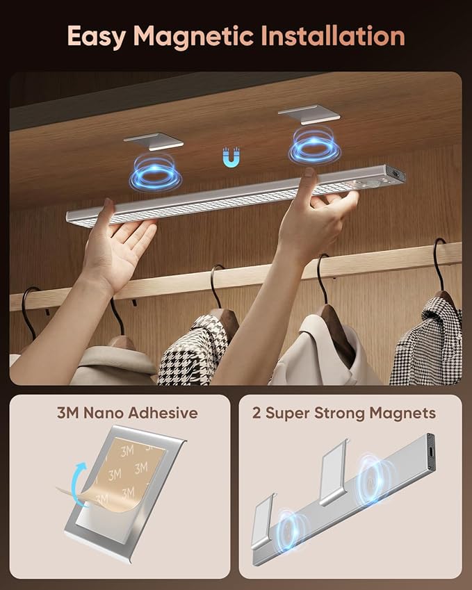 12inch Under Cabinet Lighting Wireless, 152LED Motion Sensor Light Indoor, USB Rechargeable Closet Lights, 3 Color Temps & Dimmable, Stick On Under Counter Lights for Kitchen, Pantry, Stairs, 3 Pack