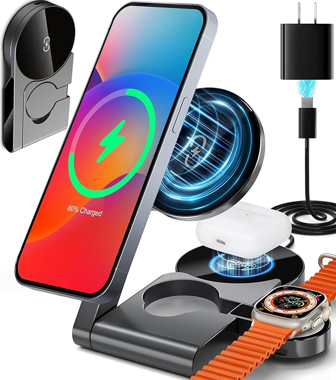 𝟐𝟎𝟐𝟔 3 in 1 Wireless Charging Station Mag-Safe Fast Charging Station for Apple MagSafe Charger, with USB C Charger, Foldable Charging Magnetic Wireless Charger Stand, Space Aluminum Travel Charger