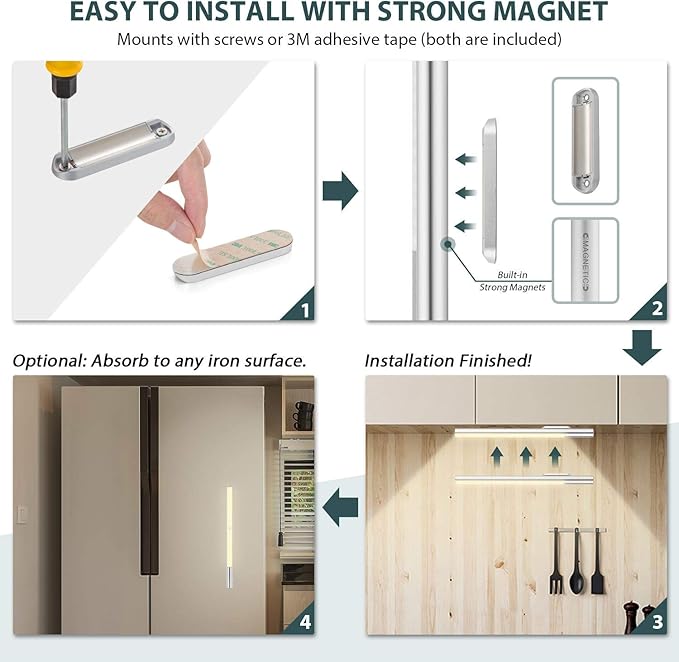 Alivation LED Under Cabinet Lighting with Motion Sensor & Rechargeable 4500 mah Battery Powered Light, Stick on Lights for Kitchen Counter/Closet/Stairs,Adjustable Brightness, 4000K Warm White (2Pack)