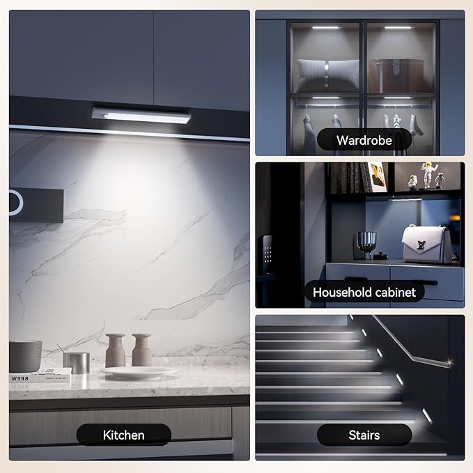 12inch Under Cabinet Lighting, LED Magnetic Motion Activated Under Cabinet Lights, Rechargeable Closet Lights 2500mAh Battery Operated, Wireless Dimmable Under Counter Lights for Kitchen 2 Pack