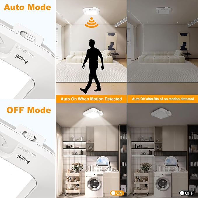 Motion Sensor Ceiling Light Battery Operated, 180LM 6000K Battery Closet Lights Motion Sensor, 48LED Wireless Ceiling Light Motion Activated for Pantry Cabinets Shed, Cool White,2-Pack