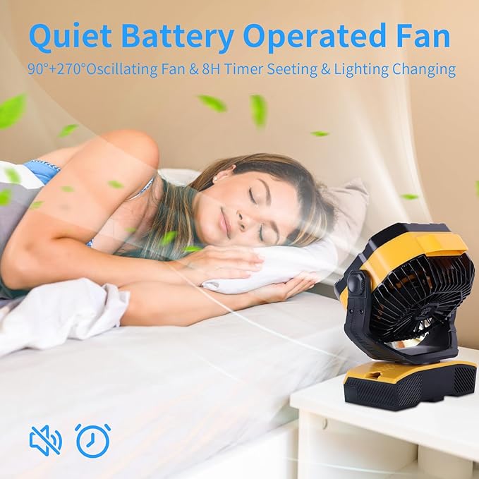 WESTTREE Camping Fan 20000mAh Rechargeable Battery Operated fan Outdoor Tent Fan with Light & Hook 270° Pivot, knob Speeds, Personal fan USB Desk Fan for Camping Power Outage Yellow X68