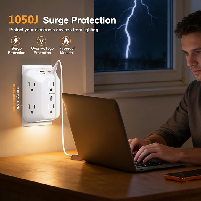 Outlet Extender Surge Protector, 6 Outlet Surge Protector Extender with 4 USB Ports (2 USB C) and Night Light, 1050J 4 Sided Multi Plug Wall Outlet for Home Office Dorm Essentials