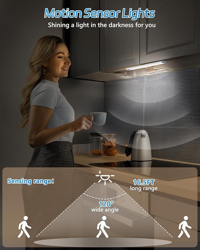 HIBOITEC Motion Sensor Under Counter Lights 2 Pack Rechargeable, 30-LED Wireless Cabinet Lighting Magnetic Self-Adhesive, 180lm Ultra Thin Closet Light for Kitchen, Cupboard, Drawer, Hallway, White