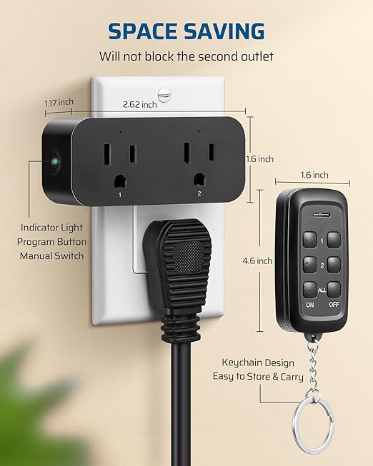 DEWENWILS Indoor Remote Control Outlet, 2 Independent Control & Dual-Controlled, 15A/1875W Remote Light Switch, 100FT Range, Remote Outlet Switch for Lamp,Light, Black