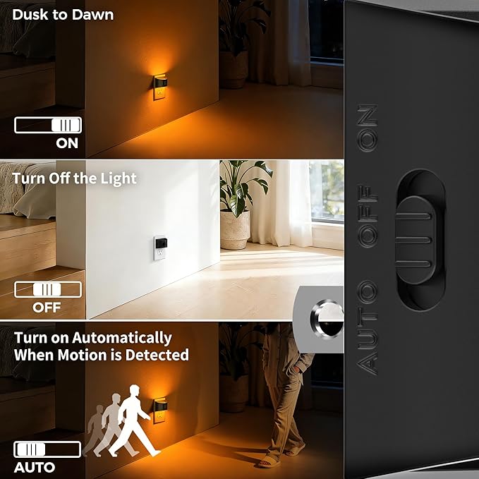 DORESshop LED Night Light[4 Pack], Night Lights Plug into Wall, 3 Mode Plug in Night Light with Motion Sensor, Dusk to Dawn Sensor, Nightlights for Adults, Bedroom, Bathroom, Hallway, Amber
