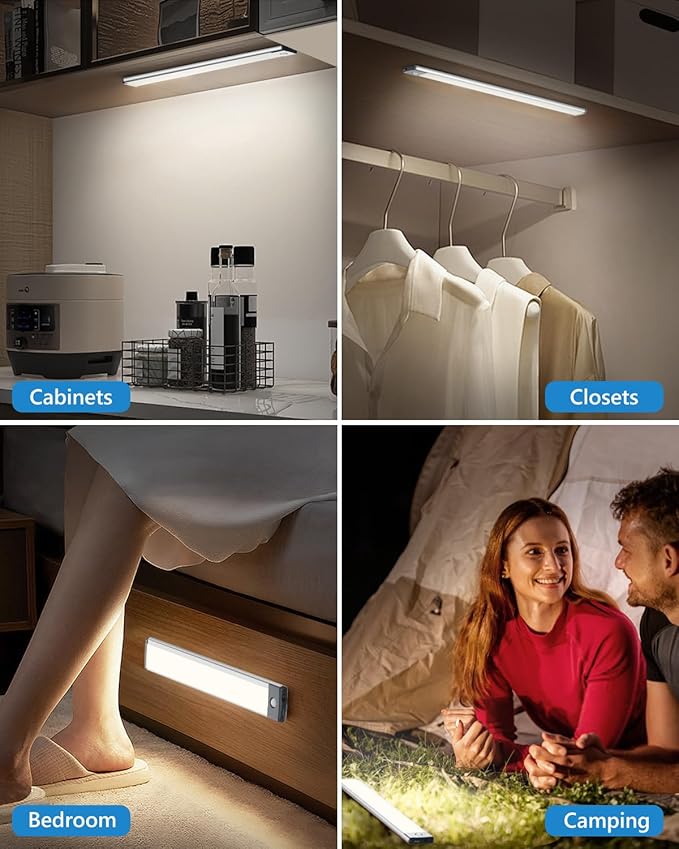 HIBOITEC LED Motion Sensor Cabinet Light 2500mAh 2 Packs Rechargeable Under Counter Closet Lighting, Wireless Night Light with 54 LEDs for Cabinet, Wardrobe, Kitchen, Hallway, Stairs