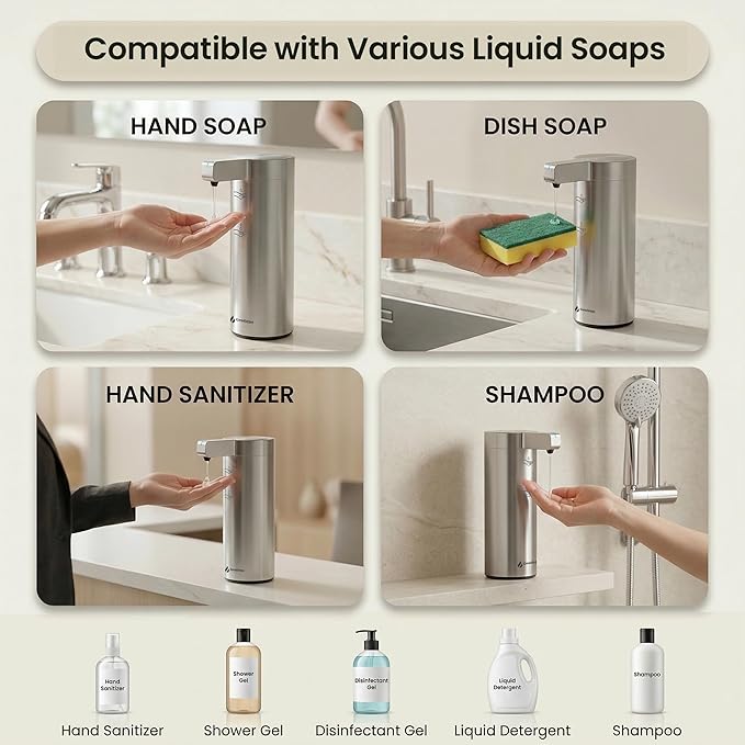GentleJet SmoothDrop Automatic Liquid Soap Dispenser Touchless, No-Drip Precision Pump, USB-C Rechargeable, 304 Stainless Steel, Waterproof Countertop Dispenser for Kitchen & Bathroom Sink, 270 ml