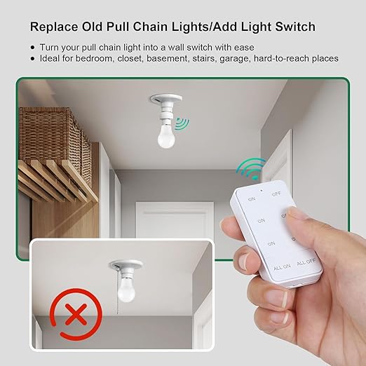 Remote Control Light Bulb Socket, 200FT Long Range Wireless Light Switch, Remote Light Socket for Pull Chain Light Fixture, No Wiring Needed (1 Wall Mounted Switch and 2 Sockets)