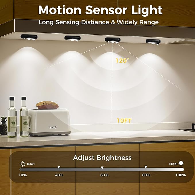 LED Motion Sensor Puck Lights, Small Rechargeable Under Cabinet Light, Dimmable Daylight White Closet Lights, Wireless Under Cabinet Lighting for Drawer, Kitchen (8 Pack)