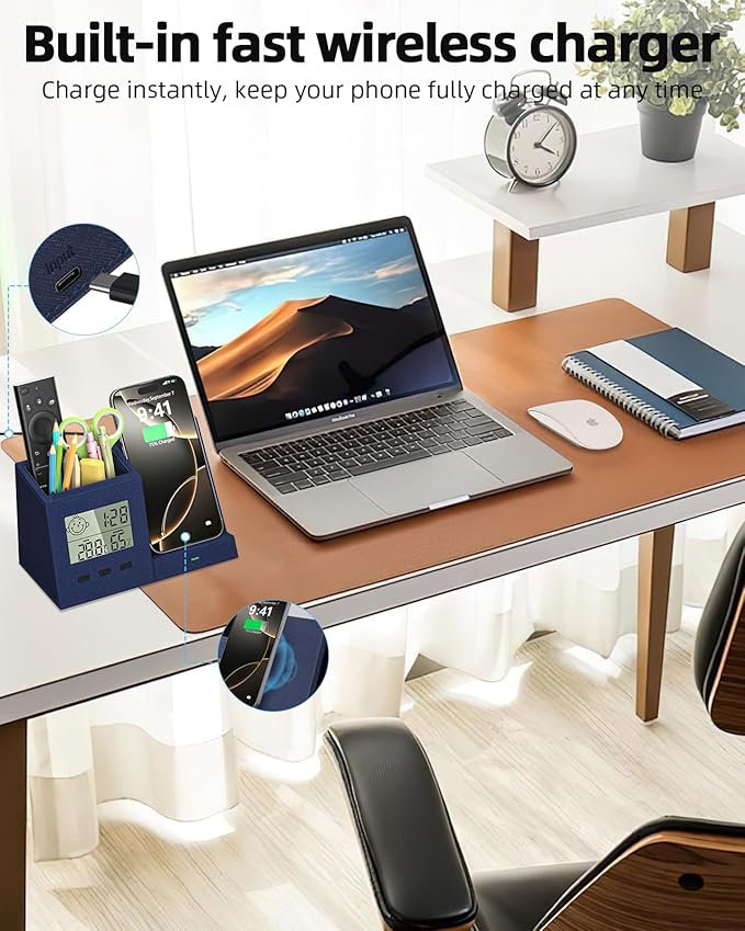 Multifunctional Pen Holder and Organizer for Desk with Wireless Charger, Digital Indoor Thermometer and Humidity Gauge, Home Office Organizers and Storage (Battery Included)