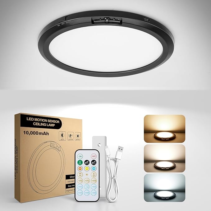 10,000mAh Rechargeable Ceiling Light with Remote, Wireless Waterproof Shower Lights 3000K/4000K/6000K, Battery Powered Light for Closet Battery Operated, Motion Sensor Lights No Wiring, Black