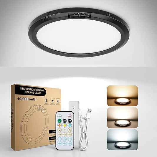 10,000mAh Rechargeable Ceiling Light with Remote, Wireless Waterproof Shower Lights 3000K/4000K/6000K, Battery Powered Light for Closet Battery Operated, Motion Sensor Lights No Wiring, Black