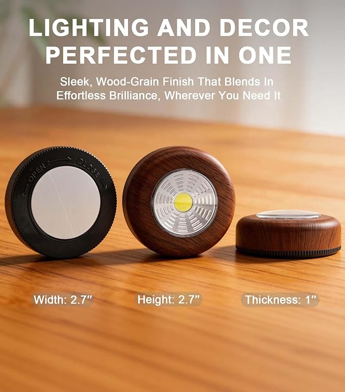Wood Grain LED Puck Light, Wireless Tap Light Battery Operated, Stick On Push Lights, Under Cabinet Lighting for Closet, Wardrobe, Shelf, Showcase (6 Pack)