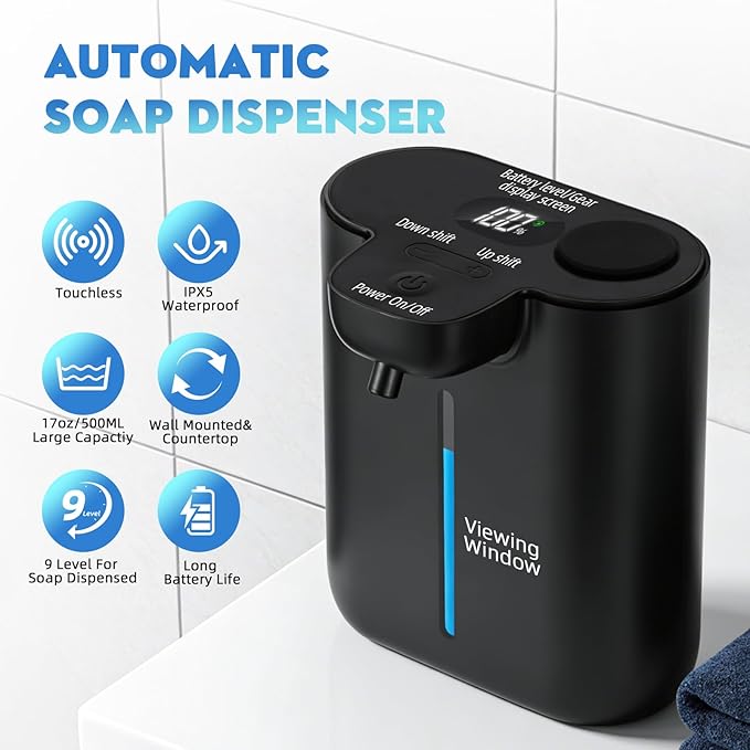 RYTOXILO Automatic Soap Dispenser Touchless, 9 Levels Soap Dispenser Wall Mount, 16.9oz/500ml Automatic Hand Soap Dispenser for Bathroom, Plastic Electric Dish Soap Dispensers for Kitchen, Black