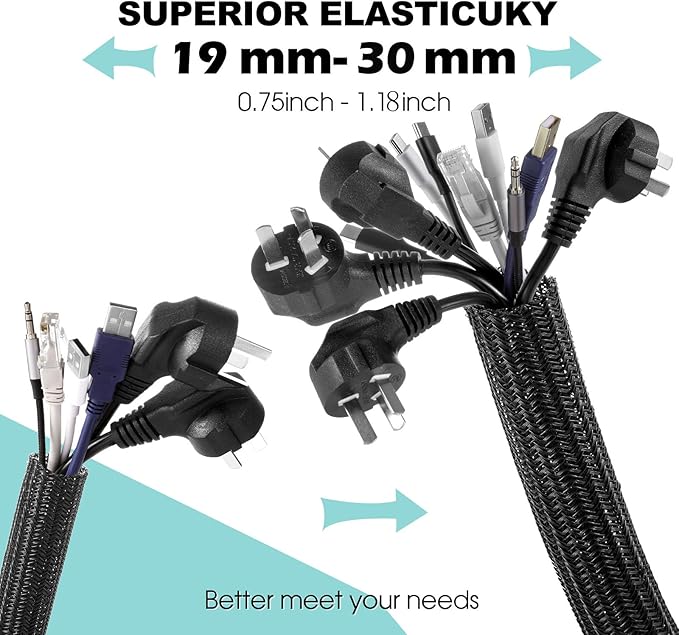 AGPTEK Cable Sleeve, 6.6ft - 1.2 inch Cable Management, Desk Cord Cover Organizer Wire Hider for Home Office Computer TV Wire Loom Tubing, Pet Proof Cord Protector from Cat Dog Chewing, Black