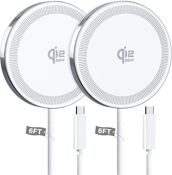 25W Wireless Charger for MagSafe, Qi2.2 Magnetic Fast Charging Pad for iPhone 17/16/15/14/13/12 Series & AirPods, Strong Magnet, Portable Wireless Charger for Travel Home Office (White, 2Pack(6FT))