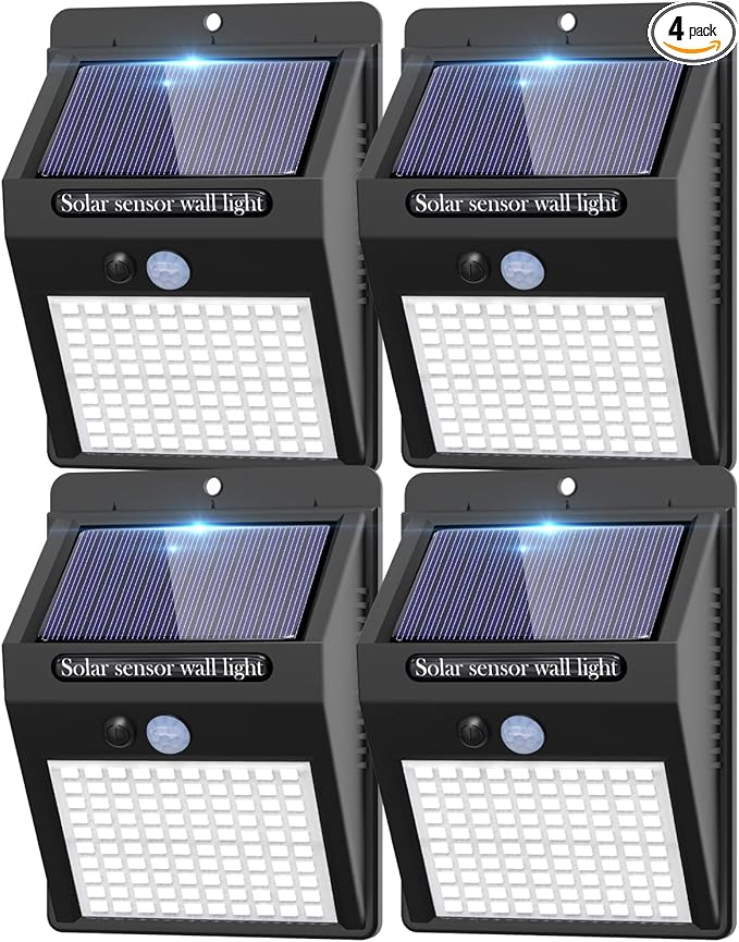4 Pack Solar Motion Lights Outdoor, 3 Modes/100LED Solar Security Wall Lights Outdoor Wireless IP65 Waterproof for Front Door, Backyard, Garage, Deck