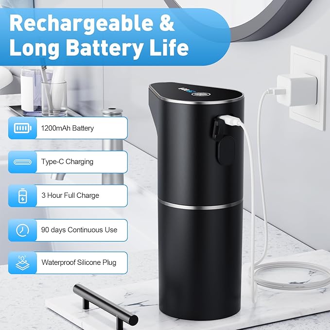Fantictas Automatic Soap Dispenser,Touchless Hand Wall Mount Rechargeable 3 Gear Adjustable Electric Soap Dispenser 350ml with Infrared Motion Sensor for Bathroom,Kitchen,Office, Black Gel