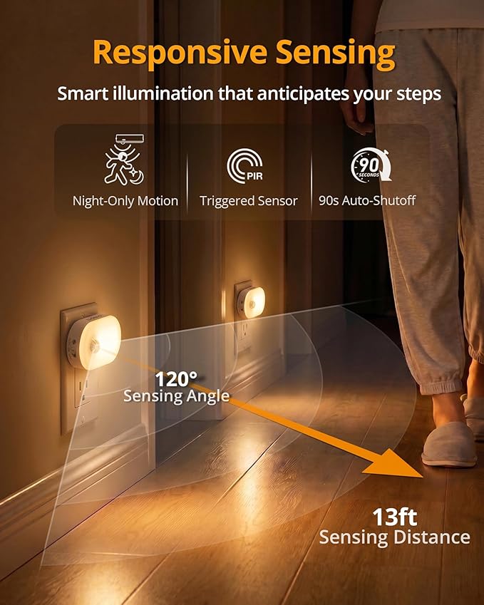 Lyridz Plug in Night Light with Motion Sensor, 120LM Superior Bright Smart Mini LED Nightlight, Warm White with Stepless Adjustable Brightness for Bathroom, Bedroom, Kitchen, Stairs, Hallway, 2 Pack