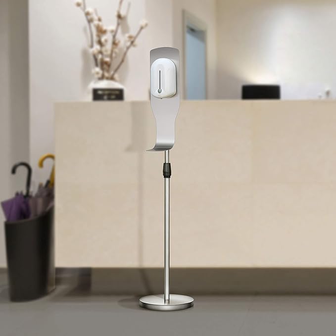 New Star Foodservice 1028881 Freestanding Adjustable Floor Stand for Hand Sanitizer Dispenser with Drip Tray and Weighted Base, Customizable, Stainless Steel, Round Base