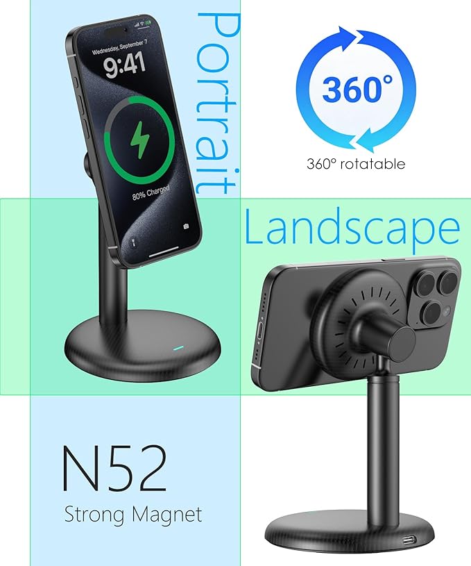 Mag Safe Charger Stand for iPhone 17/Air/16/15/14/13/12,15W Fast Charging,Wireless Charging Pad Compatible with MagSafe Suitable for Desk or Nightstand (No Adapter/Angle Fixed)