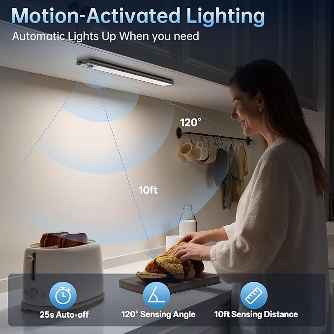 Under Cabinet Lighting,54 LED 1800mAh Rechargeable,Motion Sensor Light,3 Colors Dimmable,Magnetic Closet Lights,Indoor Night Lights for Kitchen Bedroom Stairs 5 Pack