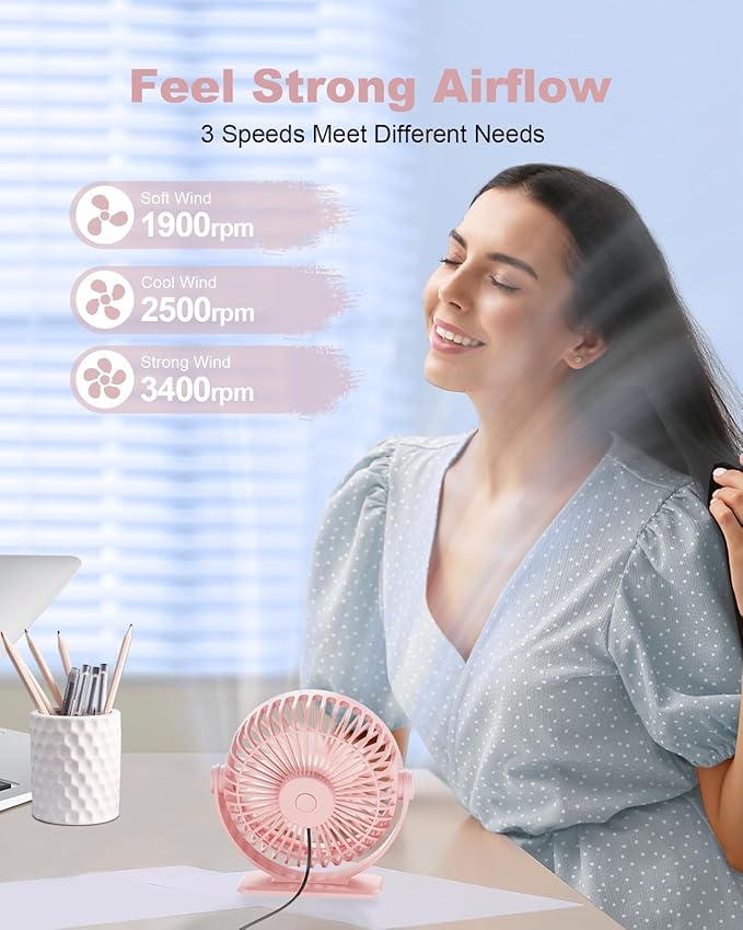 TriPole USB Desk Fan Mini Portable Personal Fan, 3 Speeds Adjustable Strong Breeze Small Electric Fan, 360° Rotation Quiet Plug In USB Fan for Desktop Bedroom Office Table Travel Cruise, Pink, 4.5in