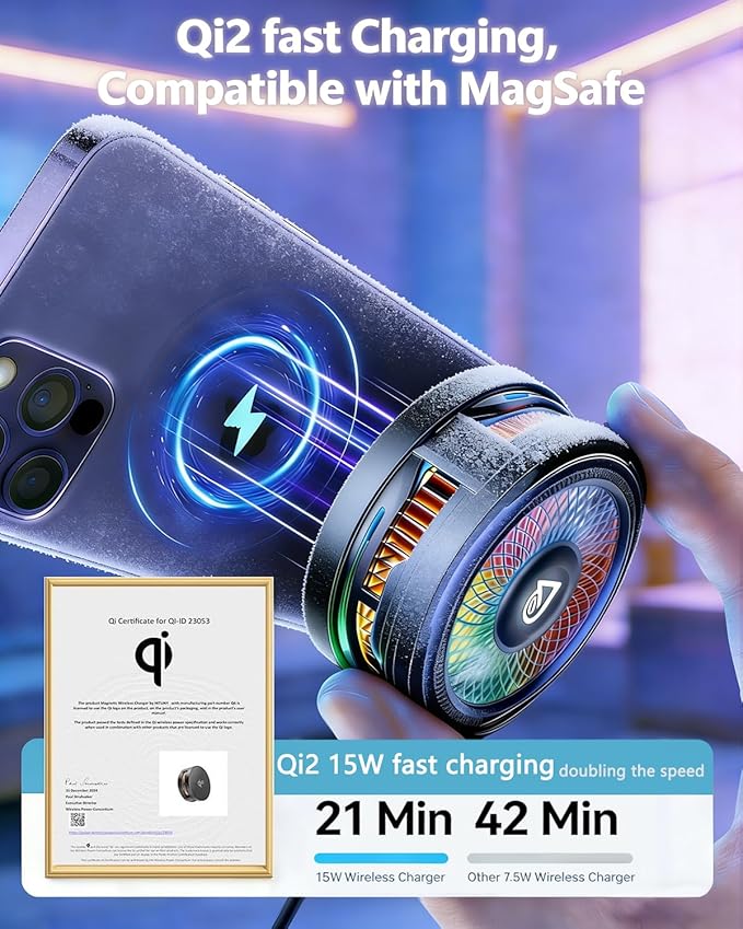Doge&Vollar 25W Qi2 Certified Magnetic Charger with Cooling System - Phone Cooler for Gaming, Magsafe Charger for iPhone 17/16/15/14/13/12 Series