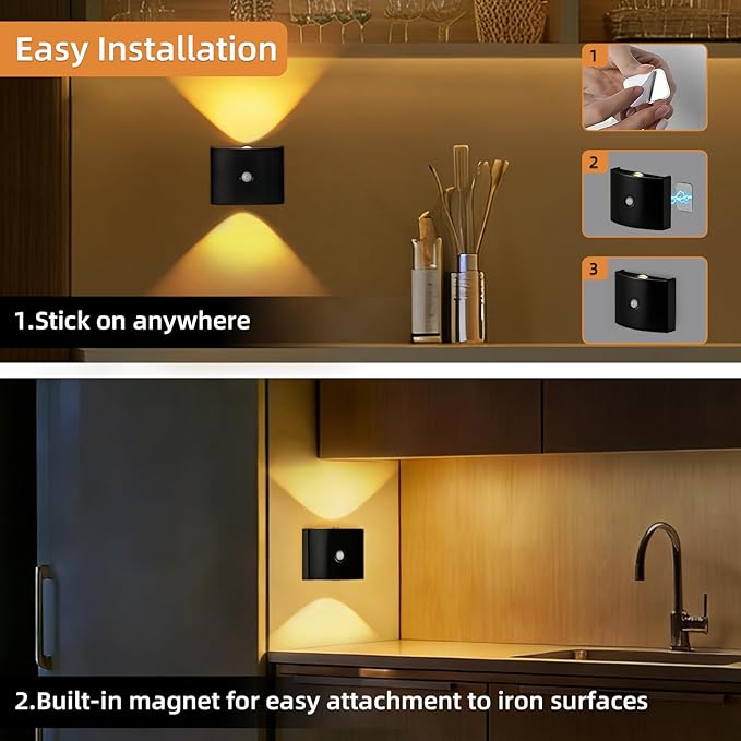 2 Pack Motion Sensor Wall Light, Rechargeable Wall Sconce with 3 Color Temperatures and Brightness Adjustable, Wireless Magnetic Mount for Bedroom, Stair, Hallway, Closet (1, Black)